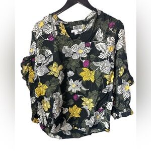 Chico's black Floral Print Blouse Ruffled size Size 1 med Semi Sheer gardencore
